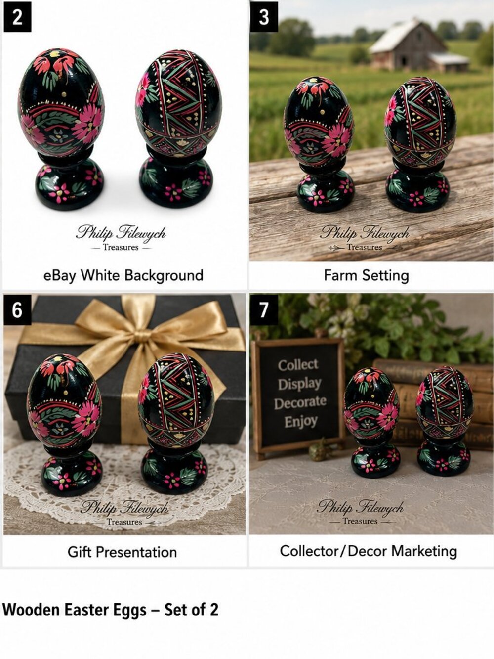 EE-05--Vintage Hand-Painted Wooden Easter Eggs Set of 2 Folk Art Floral - Picture 7 of 7